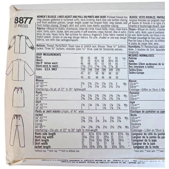 1988 Plus Size Simplicity Sewing Pattern 8877 Blouse Jacket Pant 28W 30W 32W UC - Picture 2 of 5